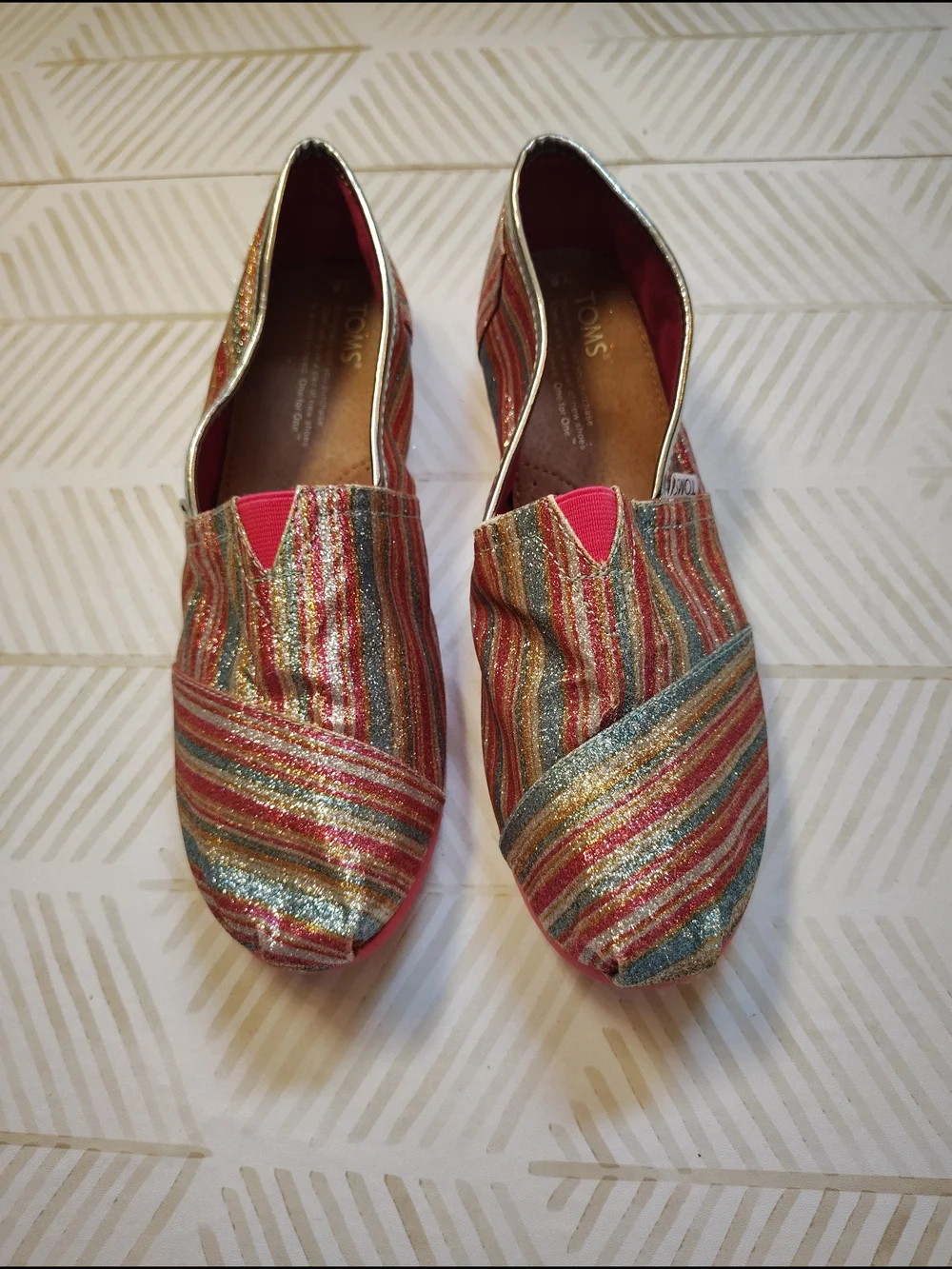 TOMS Youth Multi-Color Glitter Stripe Slip-On Flats 6
